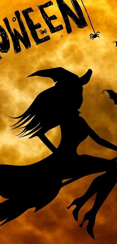 Silhouette of a flying witch with bats on an orange Halloween background.