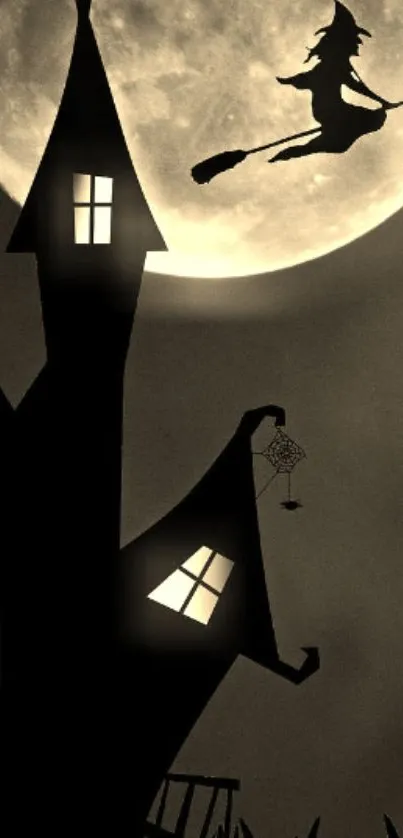 Witch flying over moonlit spooky house wallpaper.