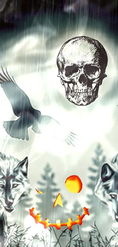 Spooky mobile wallpaper with skull, wolves, birds, and pumpkin design.