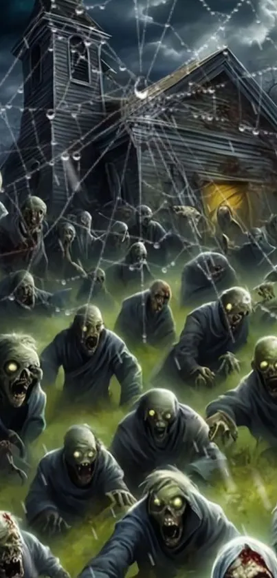 Zombies surround an abandoned church at night.