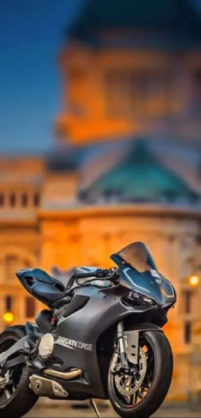 Sleek black sport bike with city background at sunset.