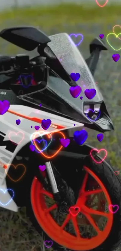 Sport bike with vibrant hearts in nature.