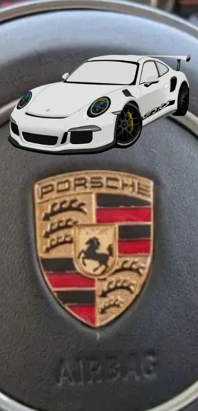 Sport car overlay on a luxury emblem wallpaper.