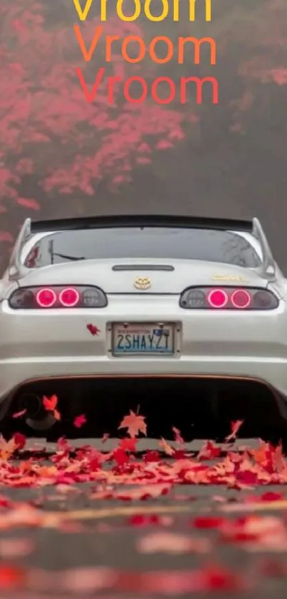 White sports car on autumn leaf road background.