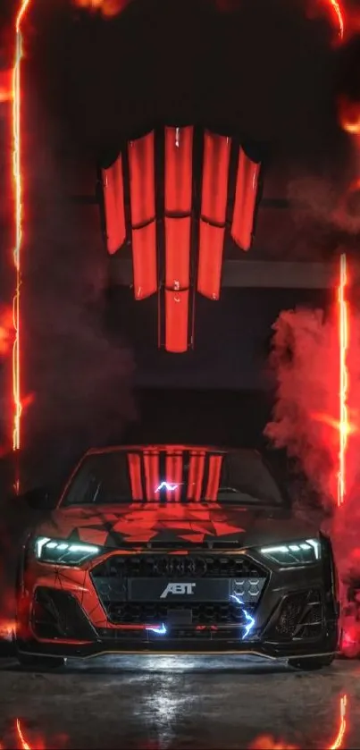 Sport car in red smoke with dramatic lighting.