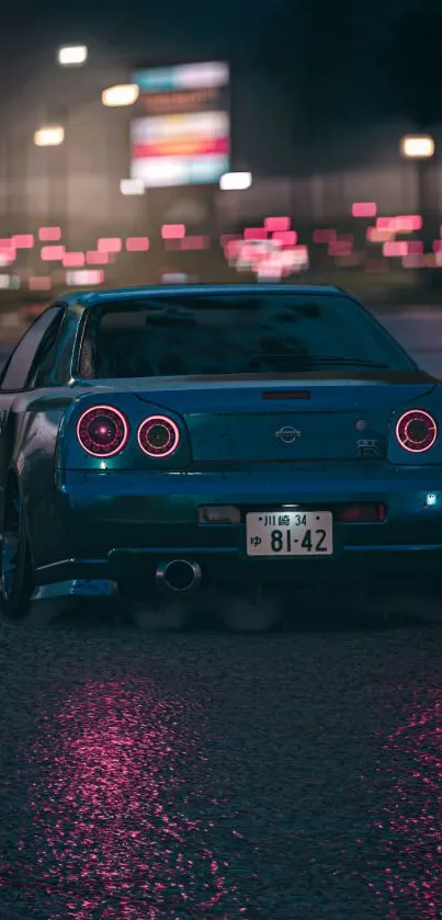 Sport car at night with pink reflections and city lights.