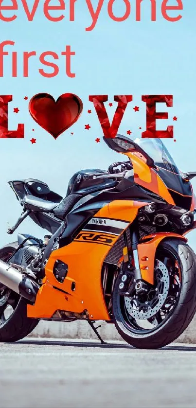 Orange sportbike on road with love text.