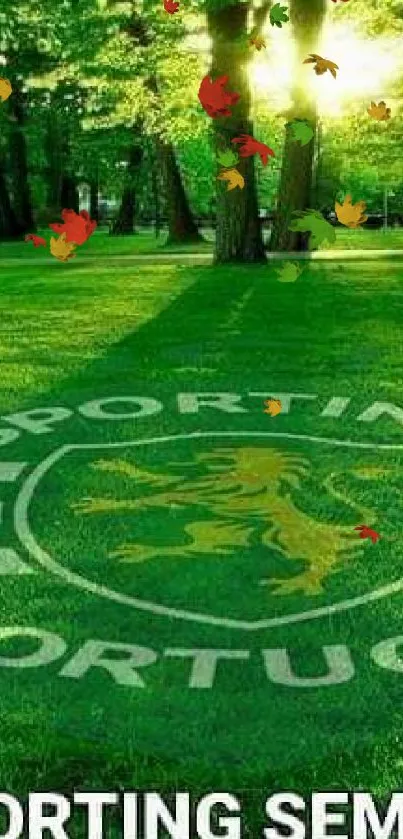 Sporting Portugal logo with green nature and sunlight background.