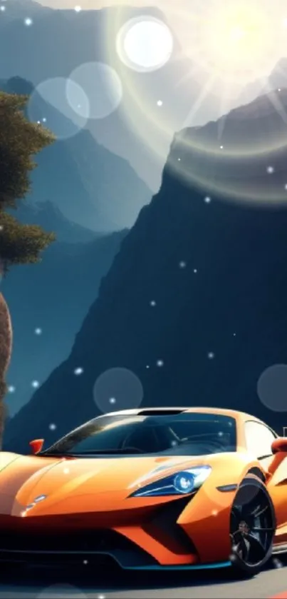 Orange sports car on mountainous road at sunset.