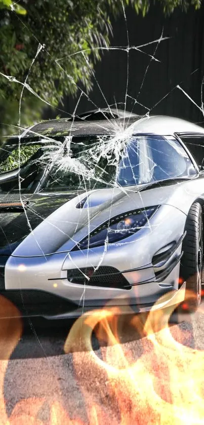 Sports car with shattered glass and flames, creating a dynamic wallpaper.