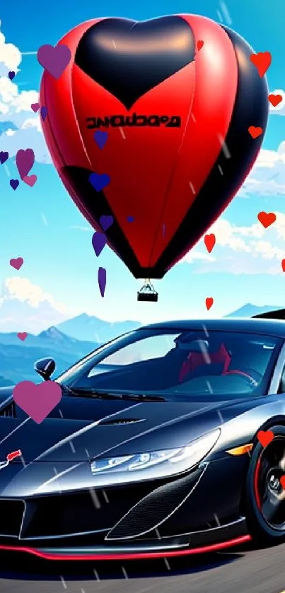Sportscar on road with a heart-shaped balloon in the sky.