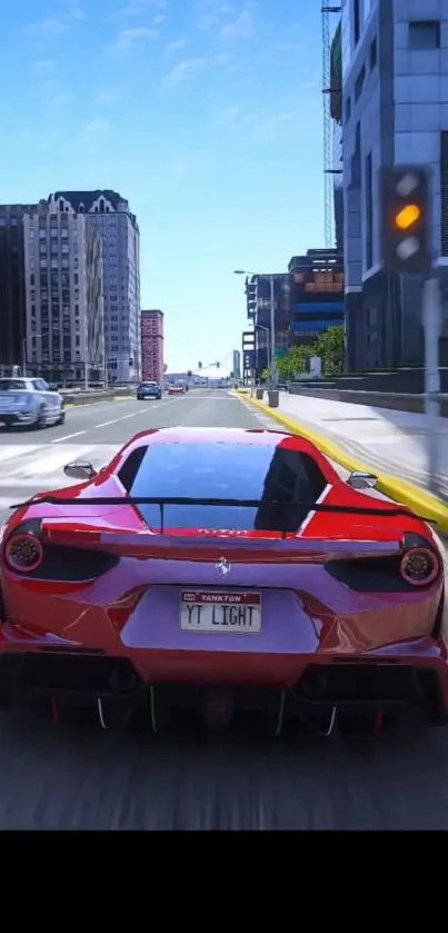 Red sports car driving through a city street in a dynamic mobile wallpaper.