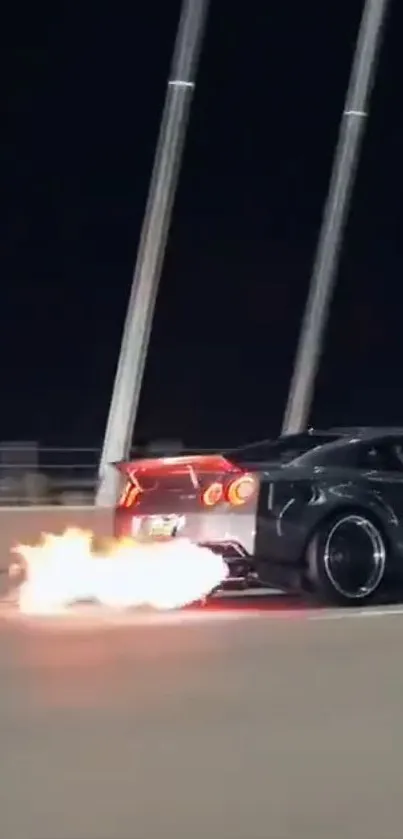 Supercar emitting flames during night drive