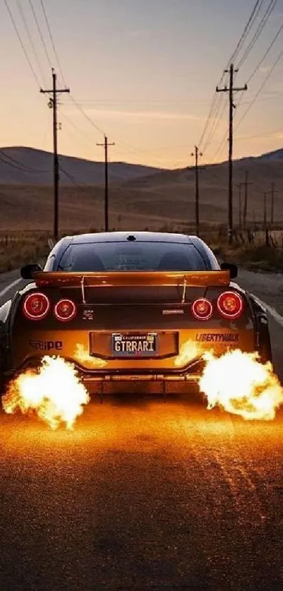 Sportscar with fiery flames on a road at sunset.