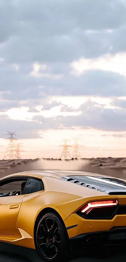 Vibrant yellow sportscar driving through scenic desert at dusk.