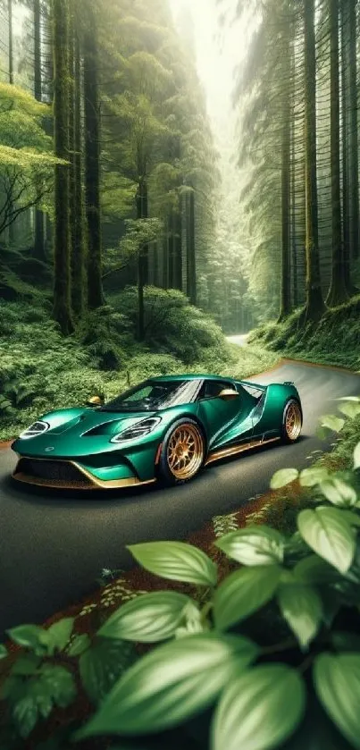 Sportscar driving through lush forest landscape, vibrant and dynamic.