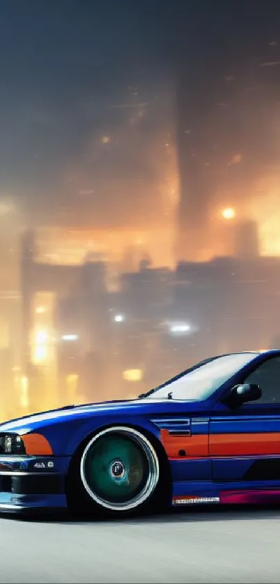 Blue sportscar in vibrant urban nightscape.