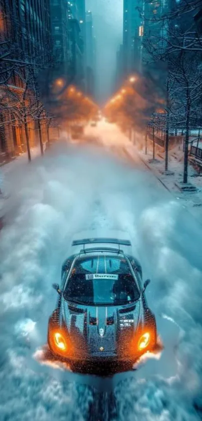 Sports car racing through snowy city street at night.