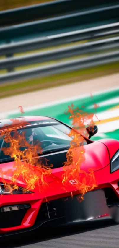 Fiery red sportscar racing with flames on a track.