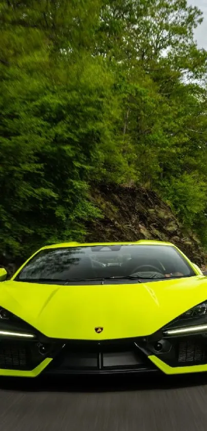 Neon-green sportscar on a scenic road amidst lush greenery.