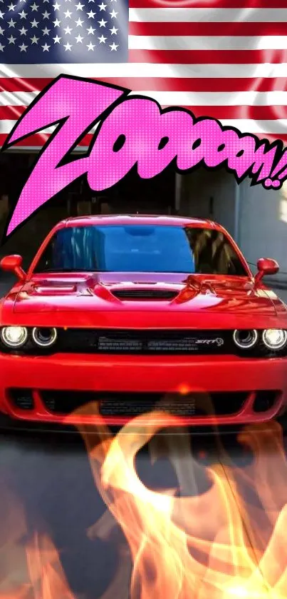 Red sports car with American flag backdrop and comic text 'Zoom'.