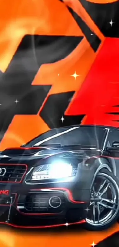 Black sports car with orange and red graphic background.