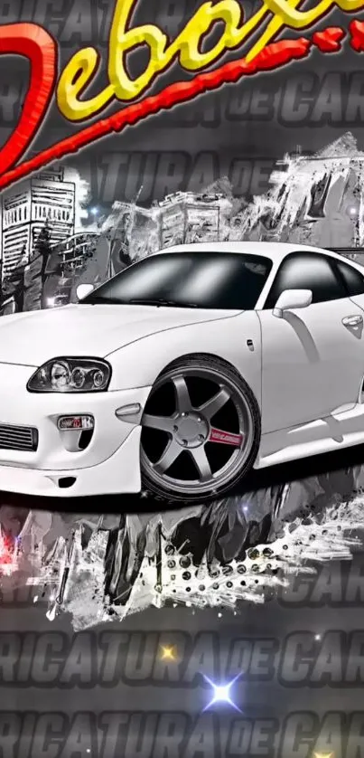 White sports car with urban art background on wallpaper design.