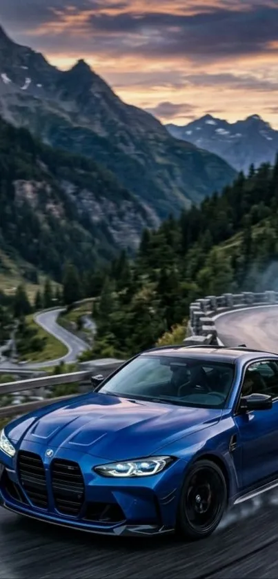 Blue sports car driving on a scenic mountain road at sunset.