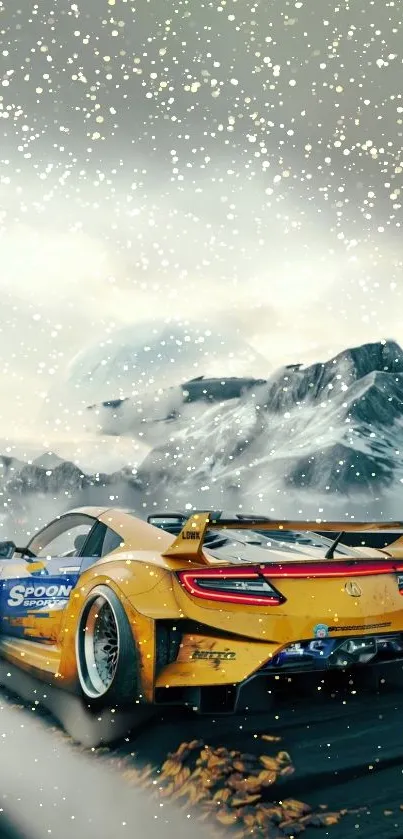 Yellow sports car driving in snowy mountain landscape.