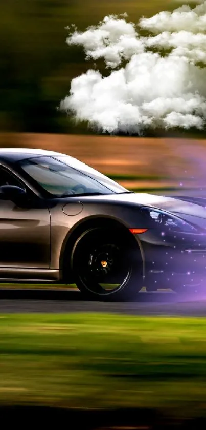 Sleek sports car speeding on a road with a purple light effect.