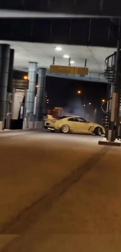 Sleek sports car drifting at night under highway lights.