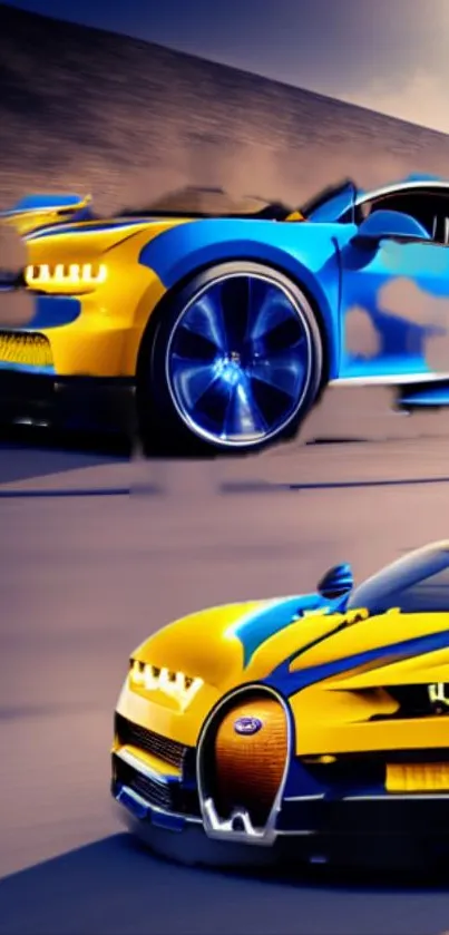 Vibrant sports car in yellow and blue speeding on a road.