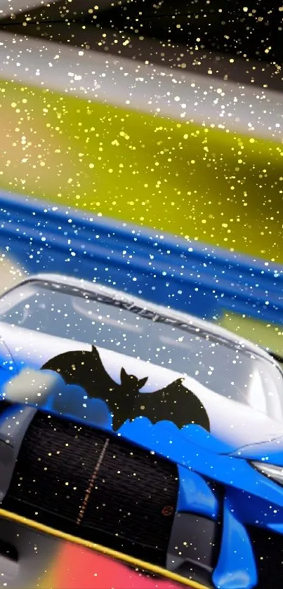 Sports car with bat logo in vibrant colors under snowfall.