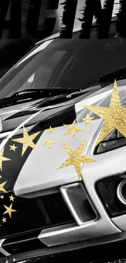 Sports car with gold stars on sleek black background.