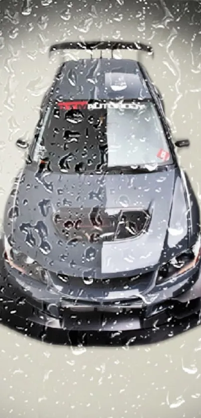 Sleek sports car with raindrop effect background.