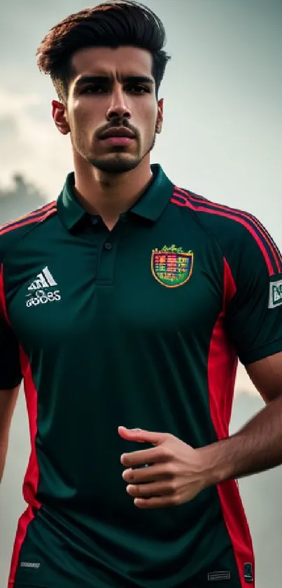 Athlete in black and red sports jersey on a misty outdoor background.