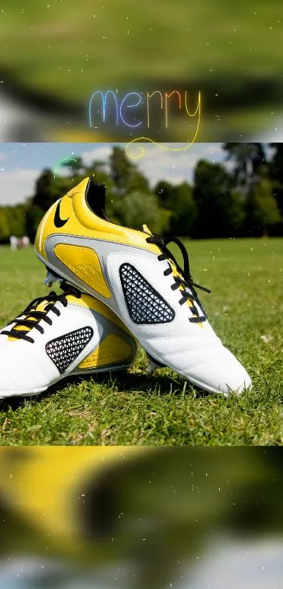 Football shoes on vibrant green field with sunny backdrop.