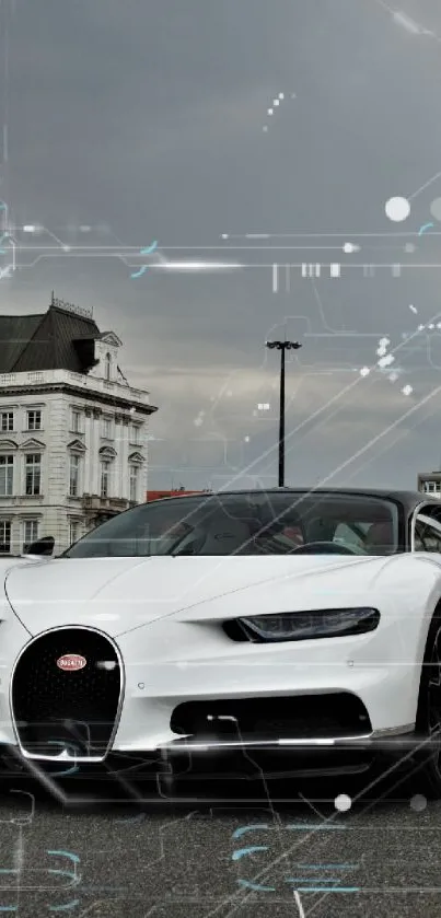 Luxury sports car on a city street under overcast sky.