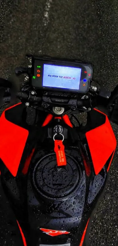 Motorcycle cockpit view with vibrant red highlights on a rainy road.