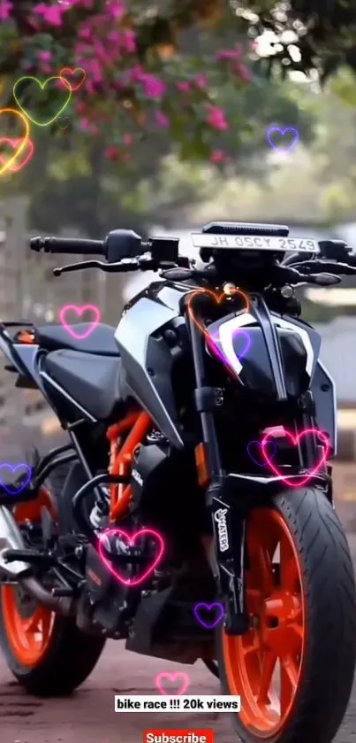 Sporty motorcycle with heart effects on road.