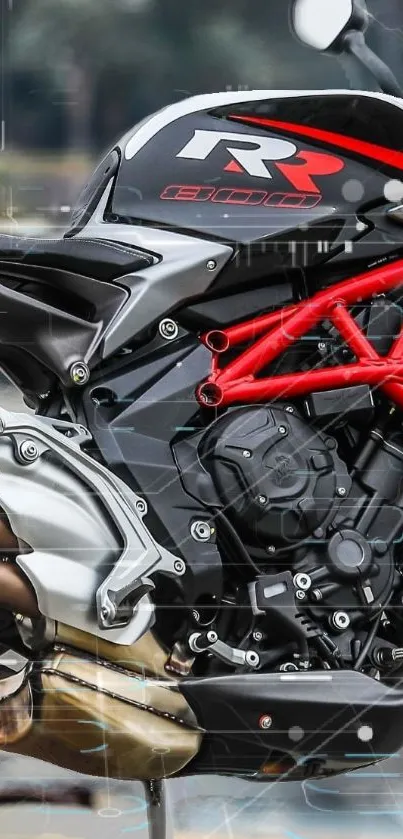 Side view of a sleek sports motorcycle with red and black design elements.