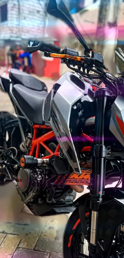 High-performance motorcycle with orange highlights and urban background.