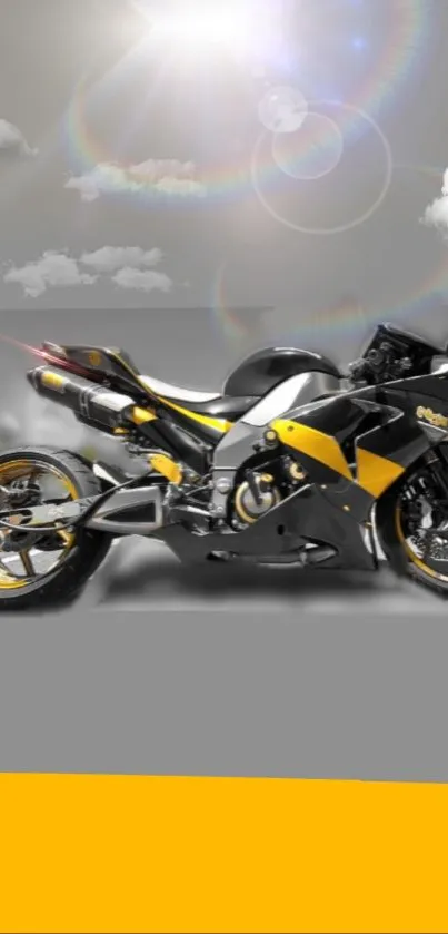 Black and yellow motorcycle with sun flares and clouds background.