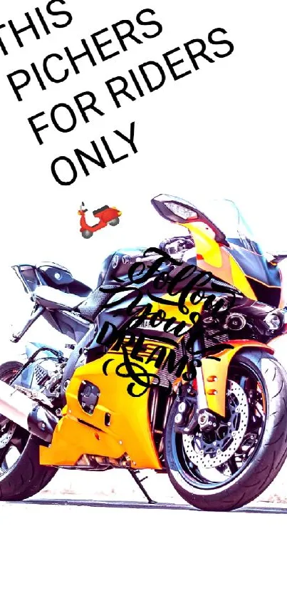 Yellow sports motorcycle with bold text on a scenic background.