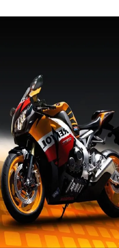 Sporty motorcycle with orange and black design on mobile wallpaper.