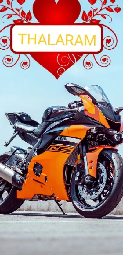 Orange sportbike with a red heart design in a mobile wallpaper.