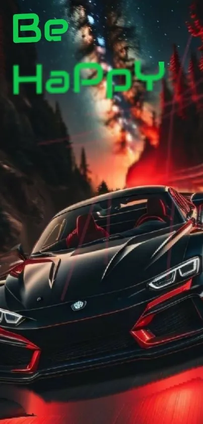 Black sports car on neon road with galaxy sky and 'Be Happy' text.