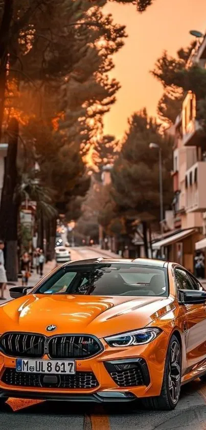 Orange sports car on a city street during sunset.