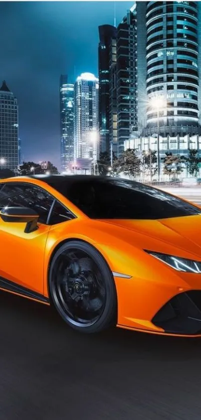 Vibrant orange sports car in a cityscape at night, highlighting urban luxury.