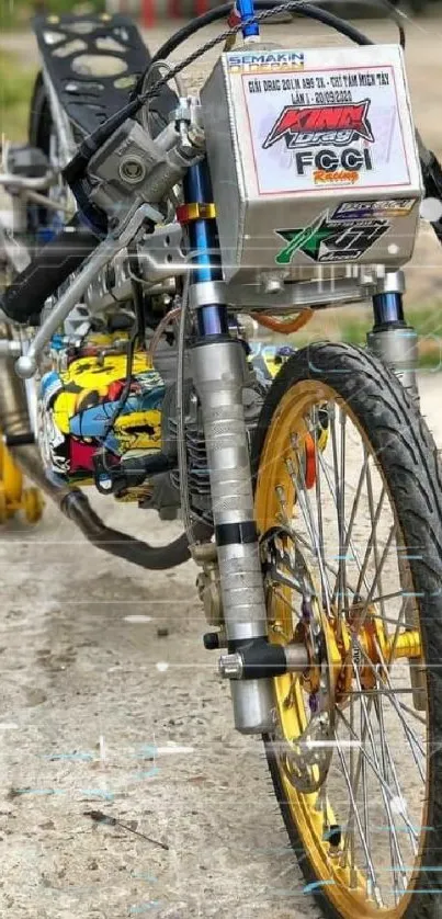 A vibrant racing bike with yellow accents on display.